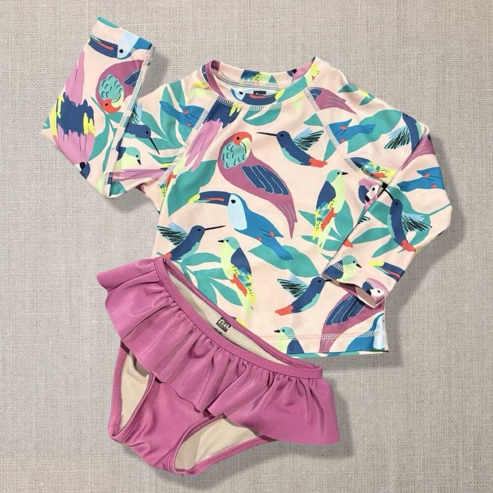 Tea Collection Tropical Birds Rash Guard Swim Set 12-18M Ruffle Bottom UPF